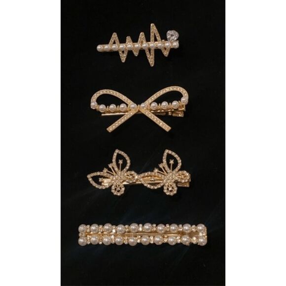 Hair Clips Set of 4 Pearls & Rhinestones Party Holidays - Picture 1 of 9